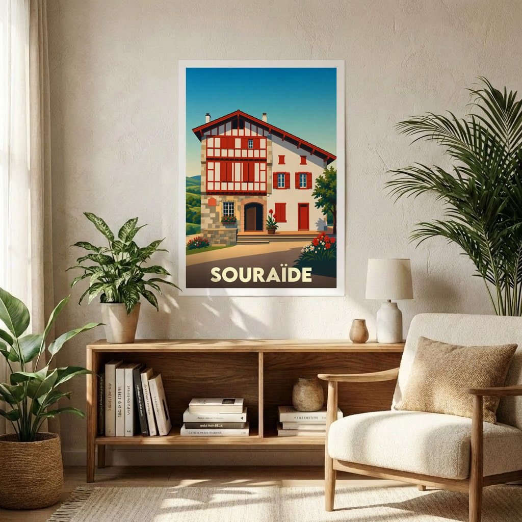 Affiche souvenir de la ville de Souraïde représentant une maison traditionnelle basque dans un style graphique épuré.
