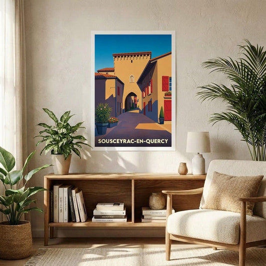 Affiche souvenir de la ville de Sousceyrac-en-Quercy avec une illustration stylisée d'une rue ensoleillée.