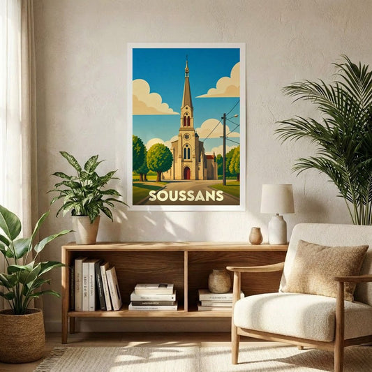 Affiche souvenir de la ville de Soussans avec une illustration stylisée d'une église sous un ciel azur.