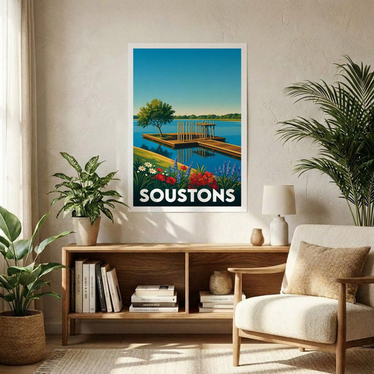 Affiche souvenir de la ville de Soustons représentant son lac et un ponton dans un style graphique épuré.