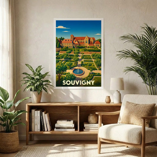 Affiche souvenir de la ville de Souvigny avec une illustration stylisée de son prieuré et de ses jardins.