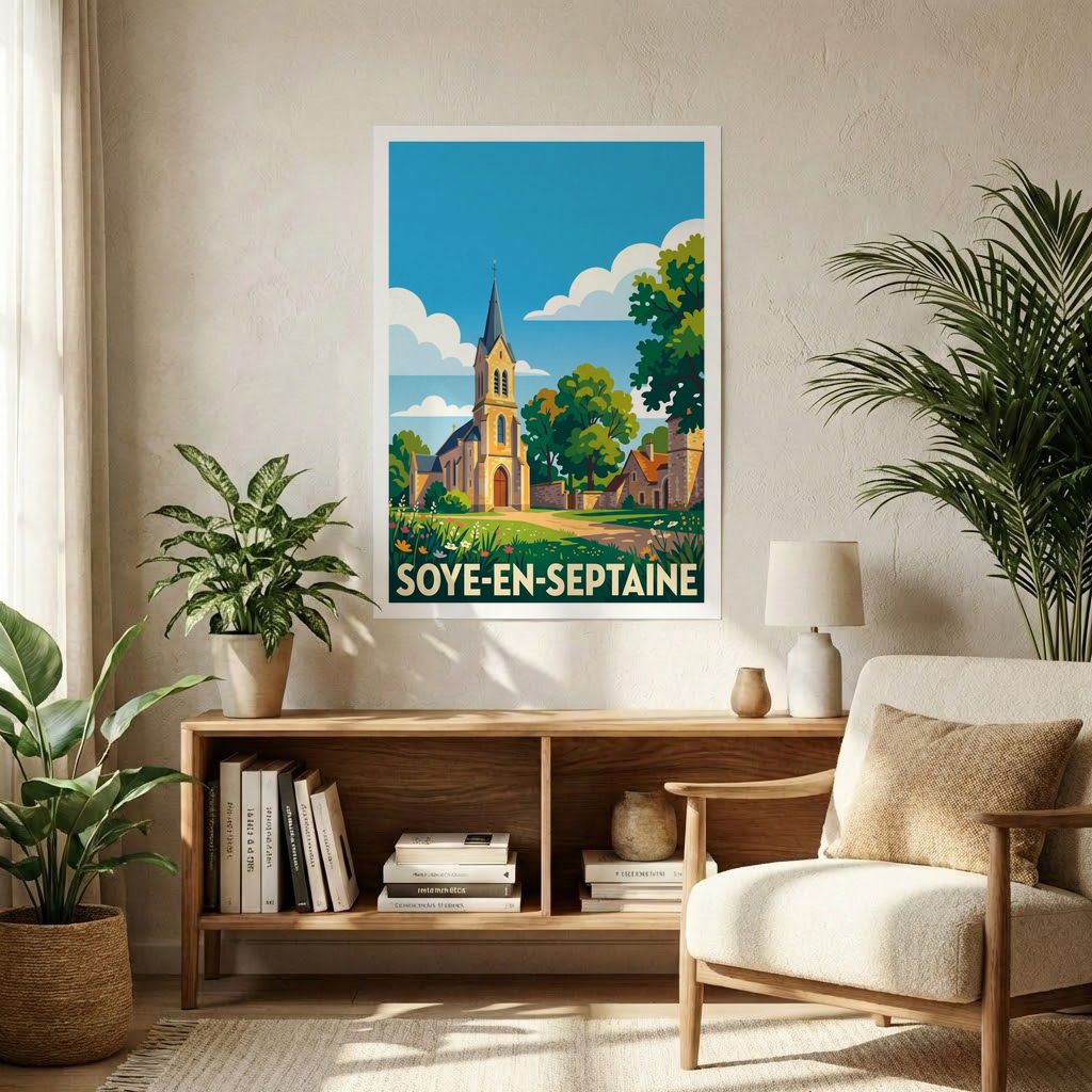 Affiche souvenir de la ville de Soye-en-Septaine avec une illustration stylisée.