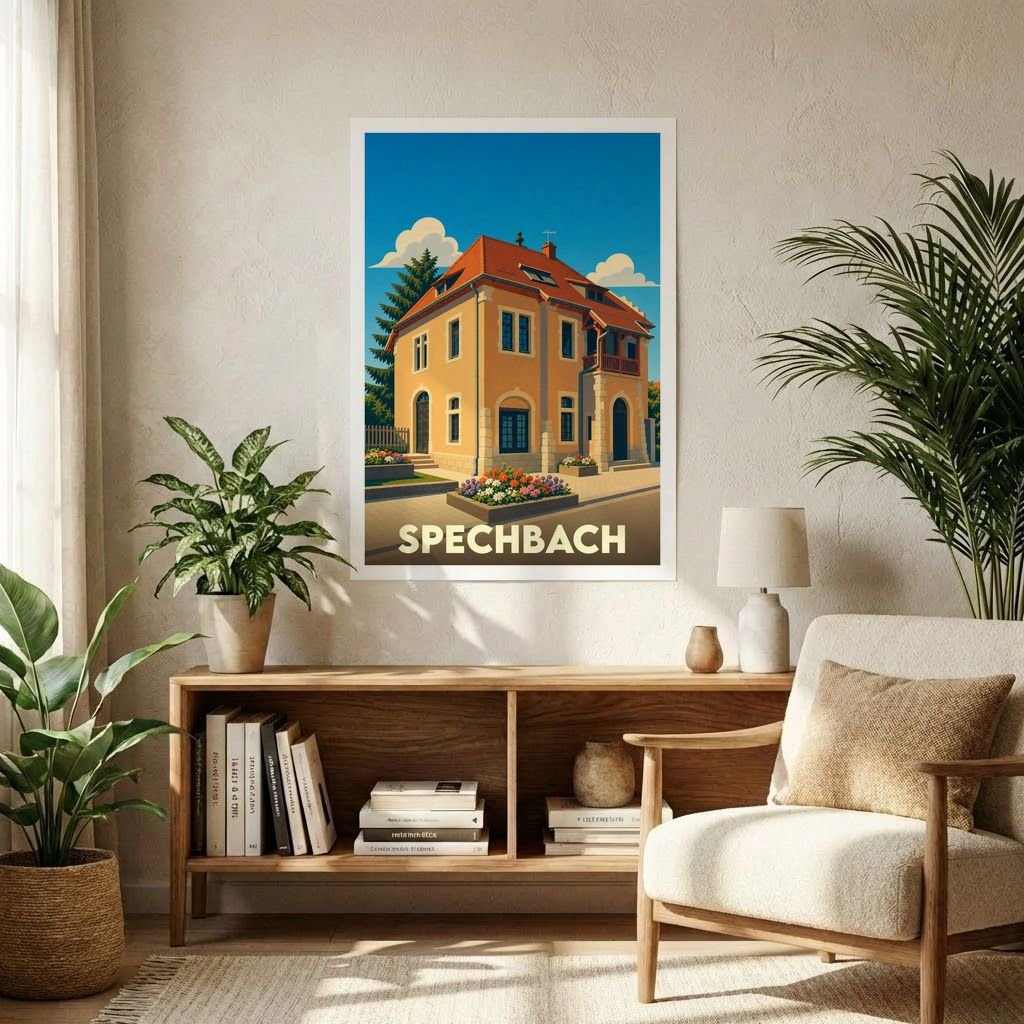Affiche souvenir de la ville de Spechbach avec une illustration stylisée d'une maison traditionnelle.