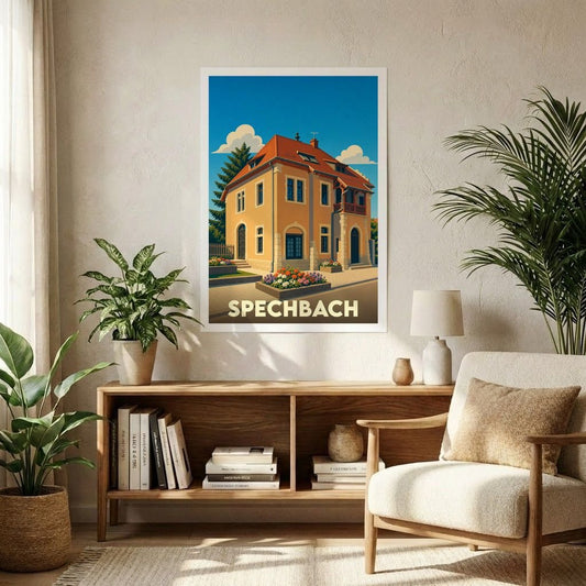 Affiche souvenir de la ville de Spechbach avec une illustration stylisée d'une maison traditionnelle.