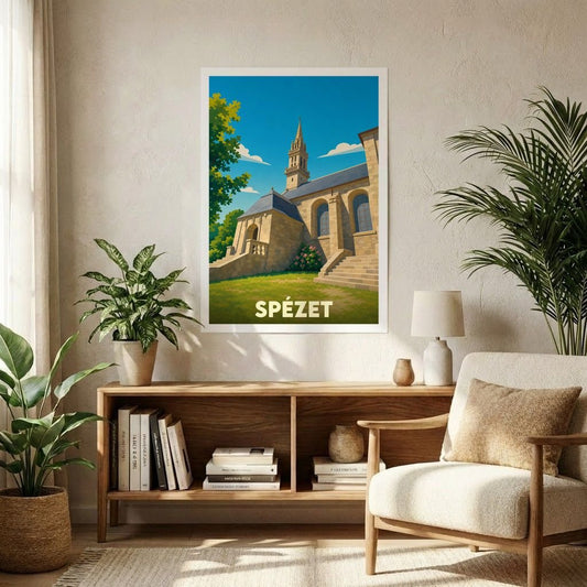 Affiche souvenir de la ville de Spézet représentant une illustration stylisée de son patrimoine architectural.