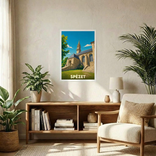 Affiche souvenir de la ville de Spézet illustrant son église dans un style graphique et épuré.