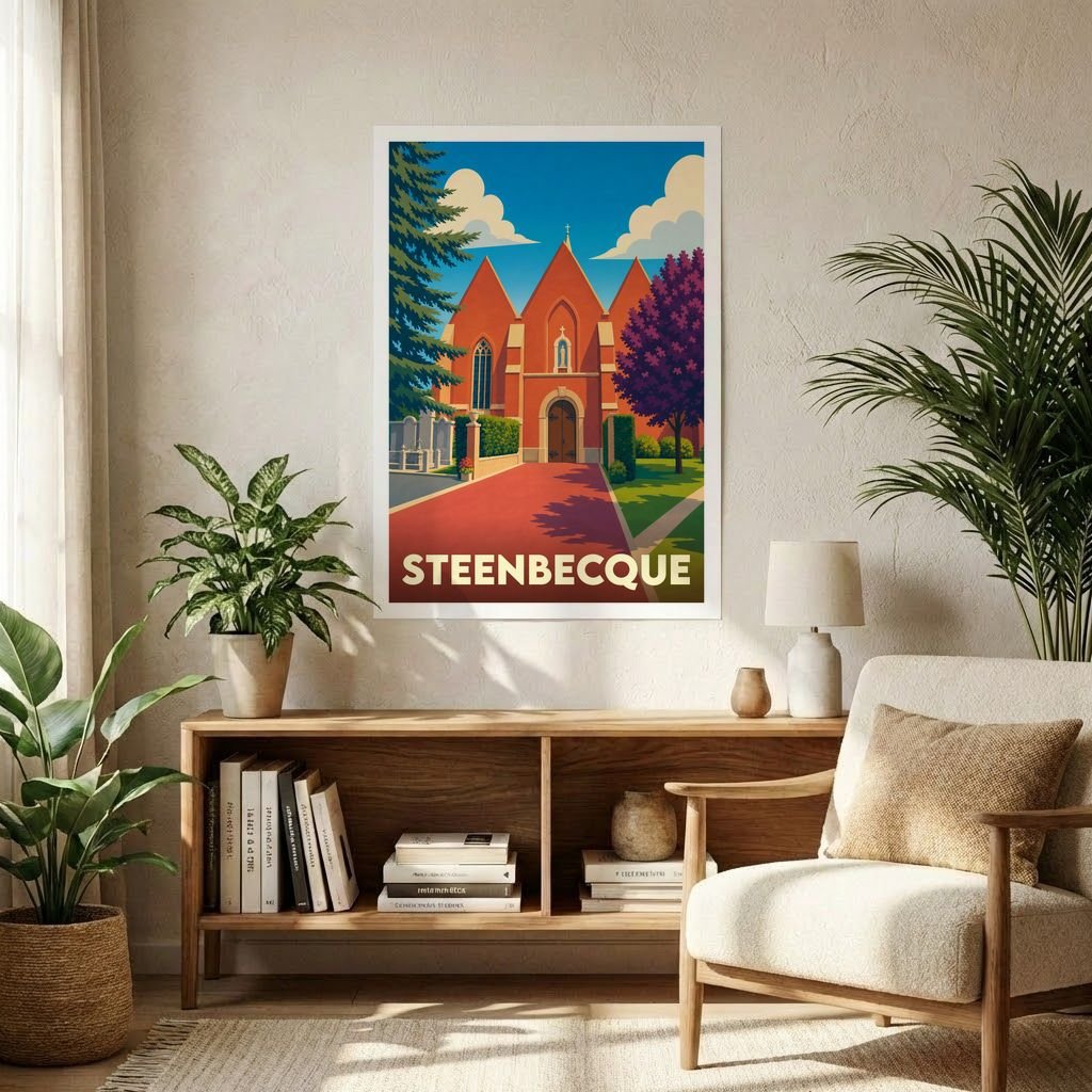 Affiche souvenir de la ville de Steenbecque avec une illustration stylisée et colorée de son église.