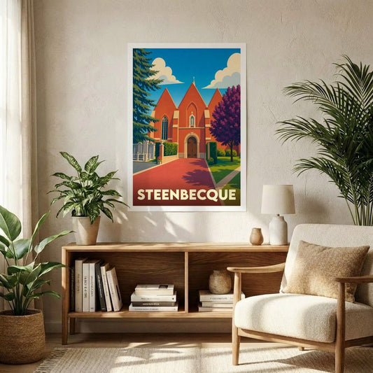 Affiche souvenir de la ville de Steenbecque avec une illustration stylisée et colorée de son église.