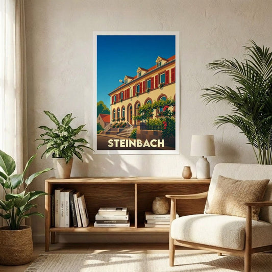 Affiche souvenir de la ville de Steinbach avec une illustration stylisée d'un bâtiment aux volets rouges.