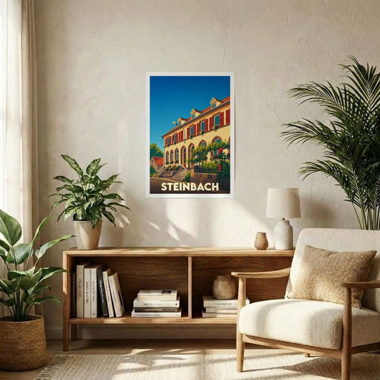 Affiche souvenir de la ville de Steinbach avec une illustration stylisée d'un bâtiment traditionnel.