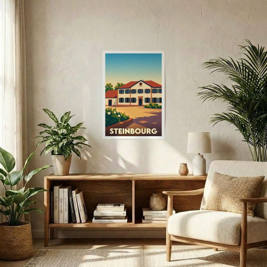 Affiche souvenir de la ville de Steinbourg présentant une illustration stylisée d'un bâtiment traditionnel.