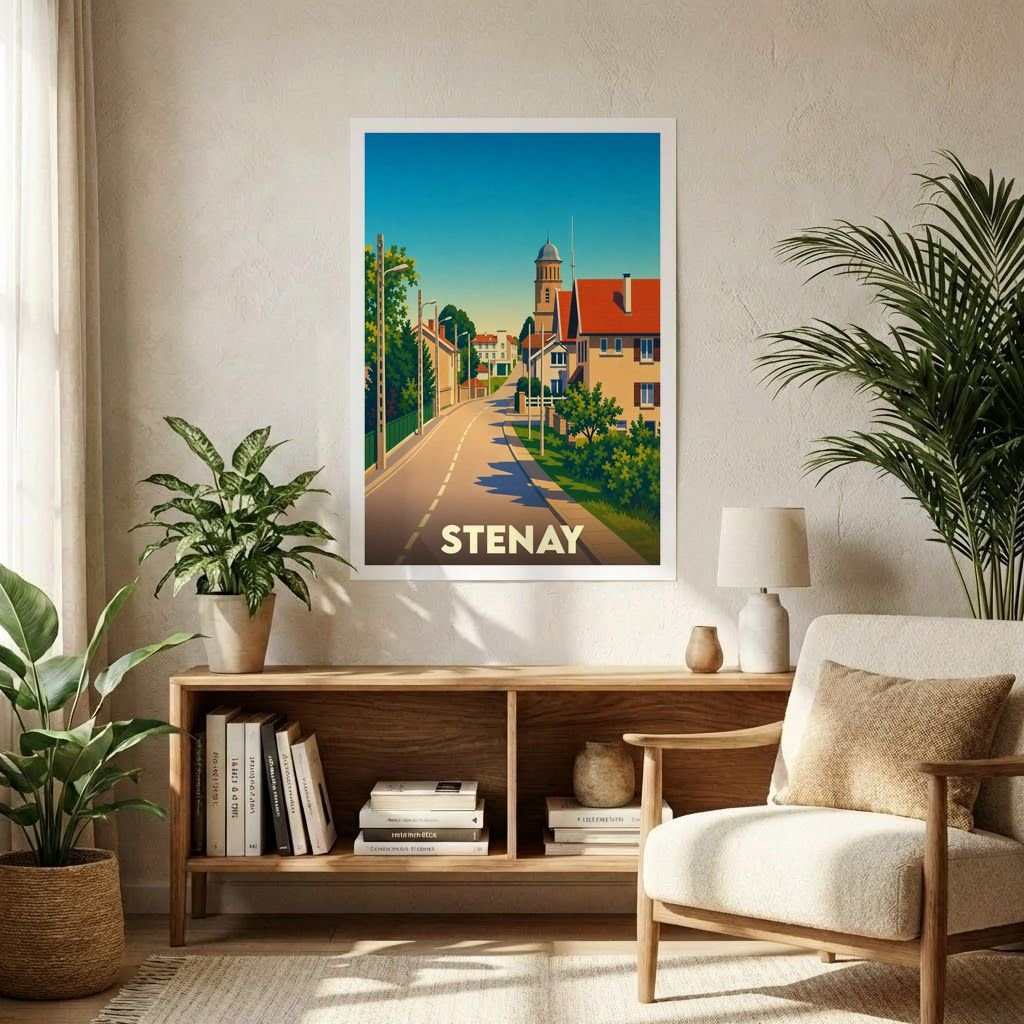 Affiche souvenir de la ville de Stenay avec une illustration stylisée et colorée de ses rues.
