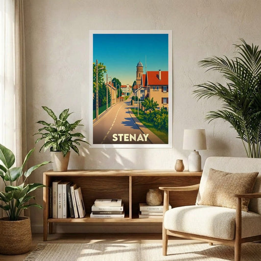 Affiche souvenir de la ville de Stenay avec une illustration stylisée et colorée de ses rues.