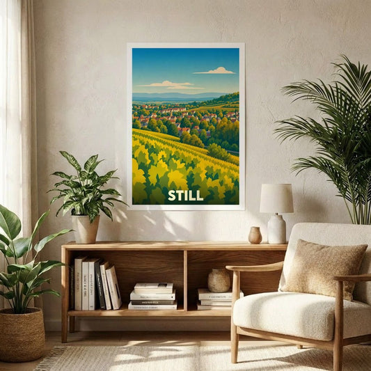Affiche souvenir de la ville de Still avec une illustration stylisée de son paysage vallonné.