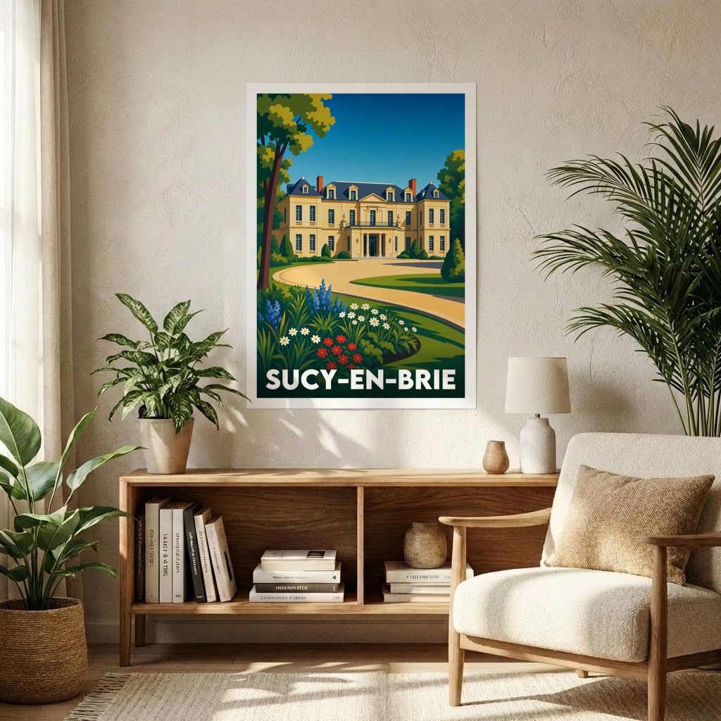 Affiche souvenir de la ville de Sucy-en-Brie illustrant son château dans un style graphique et coloré.