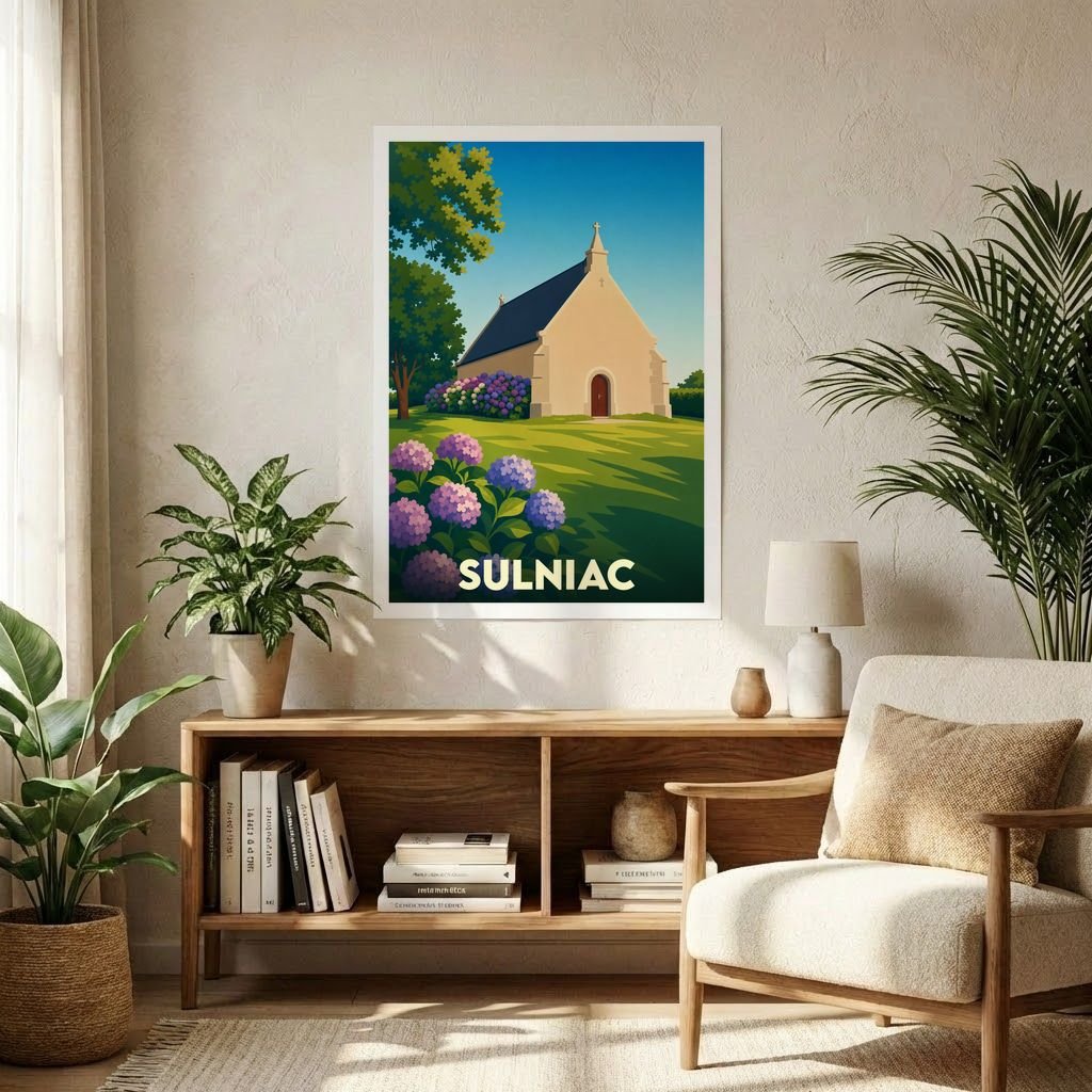 Affiche souvenir de la ville de Sulniac avec une illustration stylisée d'une chapelle et d'hortensias.