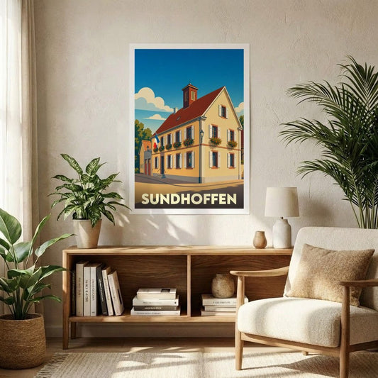 Affiche souvenir de la ville de Sundhoffen représentant son hôtel de ville dans un style graphique rétro.