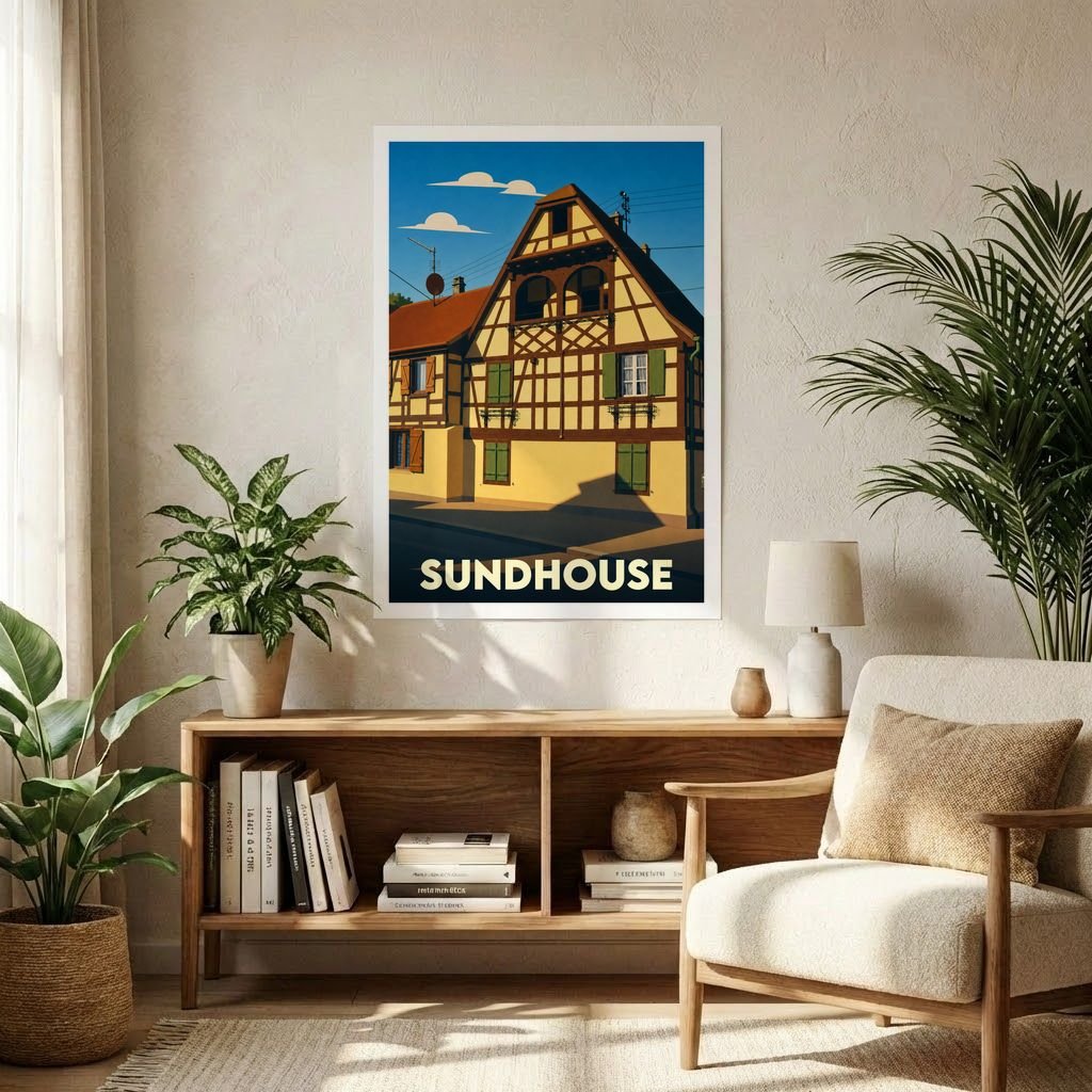 Affiche souvenir de la ville de Sundhouse avec une illustration stylisée d'une maison à colombages.