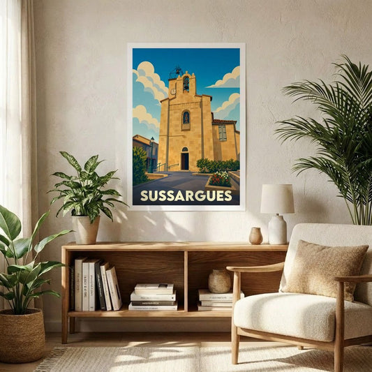 Affiche souvenir de la ville de Sussargues avec une illustration stylisée de son église sous un ciel azur.