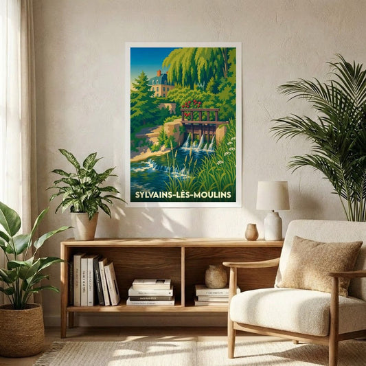 Affiche souvenir de la ville de Sylvains-Lès-Moulins illustrant un paysage de moulin et de rivière dans un style vintage.