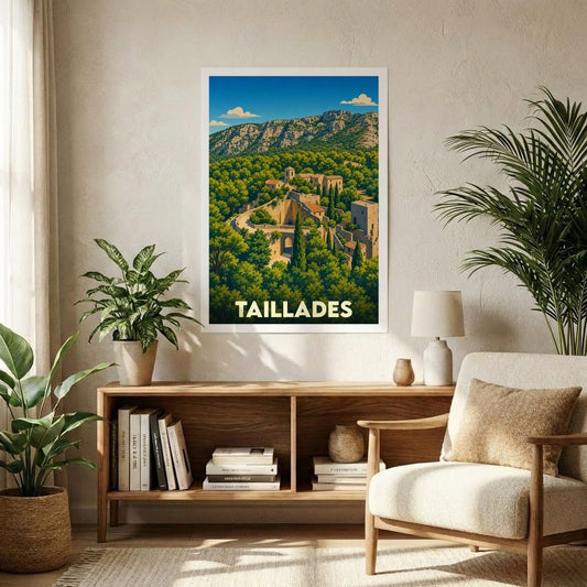 Affiche souvenir de la ville de Taillades illustrant ses paysages vallonnés et son architecture provençale dans un style rétro.