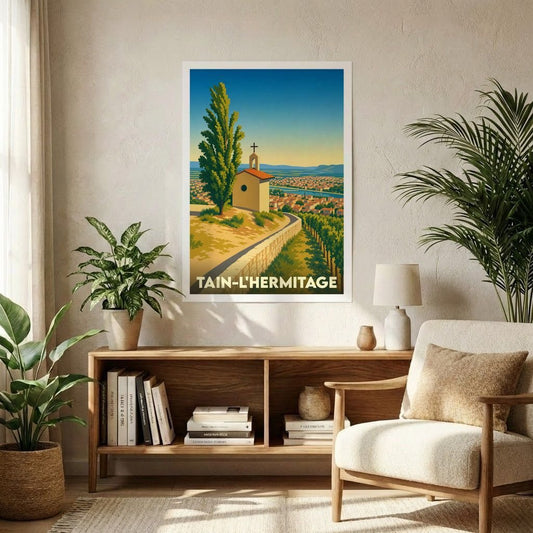 Affiche souvenir de la ville de Tain-l'Hermitage présentant une illustration stylisée de la chapelle Saint-Christophe dominant les vignobles.