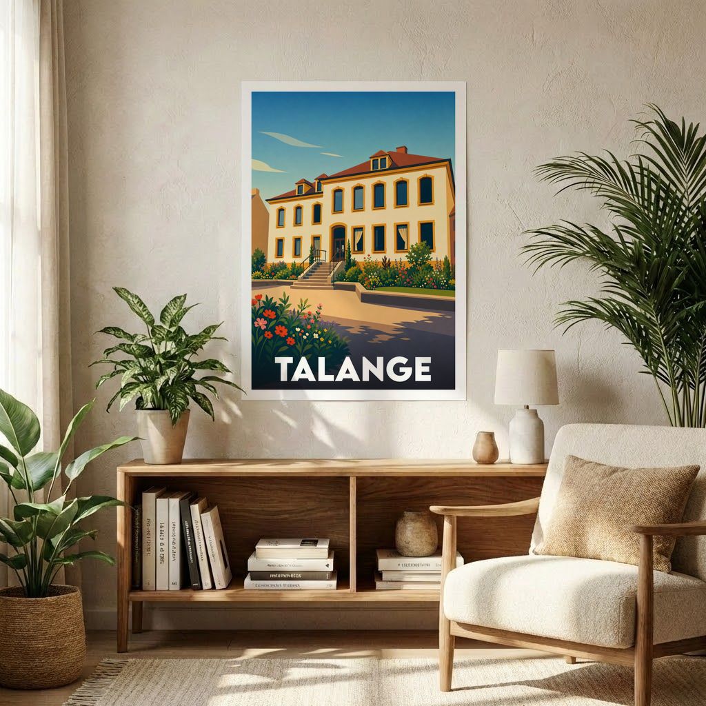 Affiche souvenir de la ville de Talange avec une illustration stylisée d'un bâtiment historique fleuri.