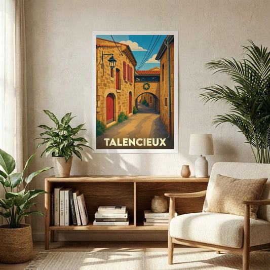 Affiche souvenir de la ville de Talencieux représentant une ruelle pittoresque aux murs de pierre avec une illustration stylisée.