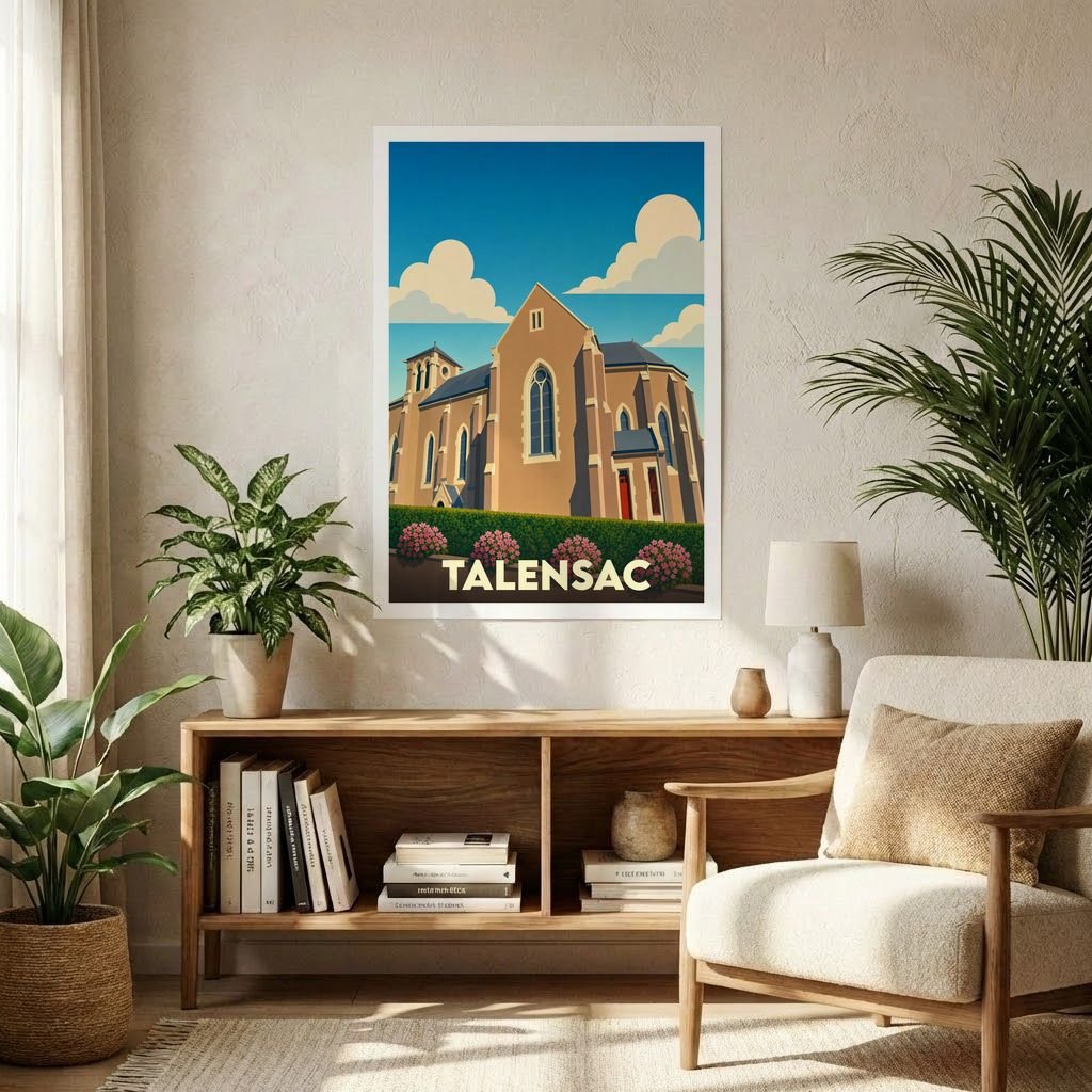 Affiche souvenir de la ville de Talensac représentant son église dans un style graphique épuré.