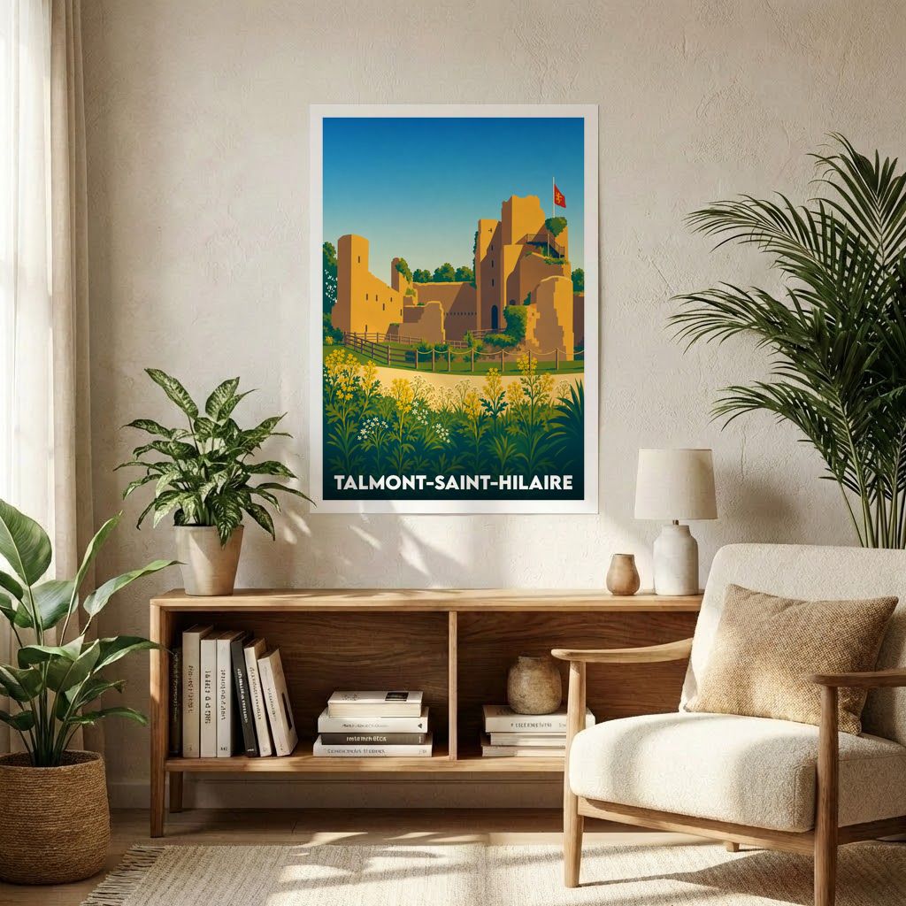 Affiche souvenir de la ville de Talmont-Saint-Hilaire avec une illustration stylisée de son château médiéval.