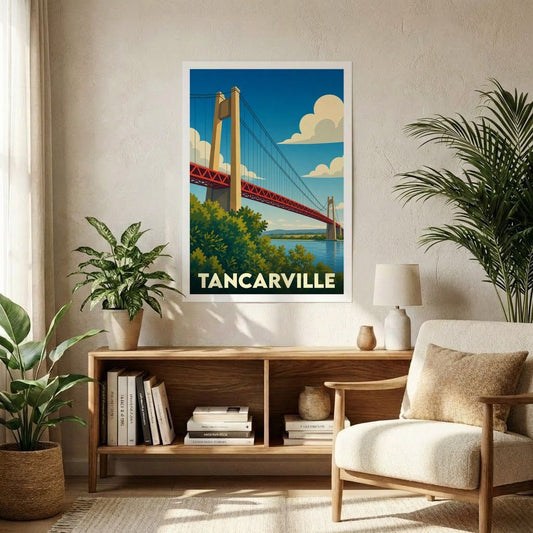 Affiche souvenir de la ville de Tancarville avec une illustration stylisée de son pont suspendu.