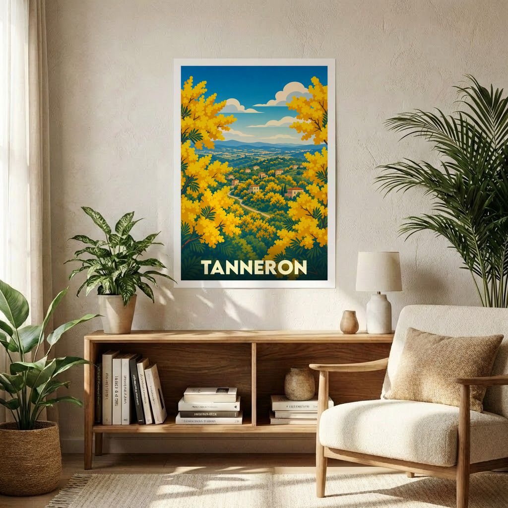 Affiche souvenir de la ville de Tanneron représentant un paysage vallonné et fleuri de mimosas dans un style rétro.