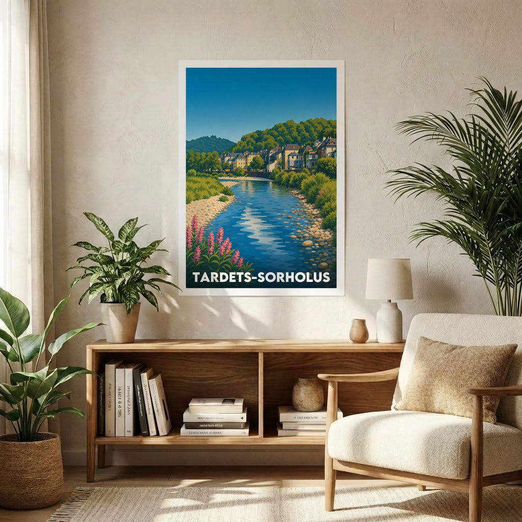 Affiche souvenir de la ville de Tardets-Sorholus avec une illustration stylisée d'un paysage de rivière.