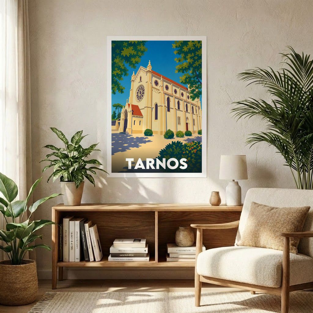 Affiche souvenir de la ville de Tarnos avec une illustration stylisée d'une église.