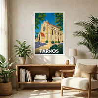 Affiche souvenir de la ville de Tarnos avec une illustration stylisée d'une église.