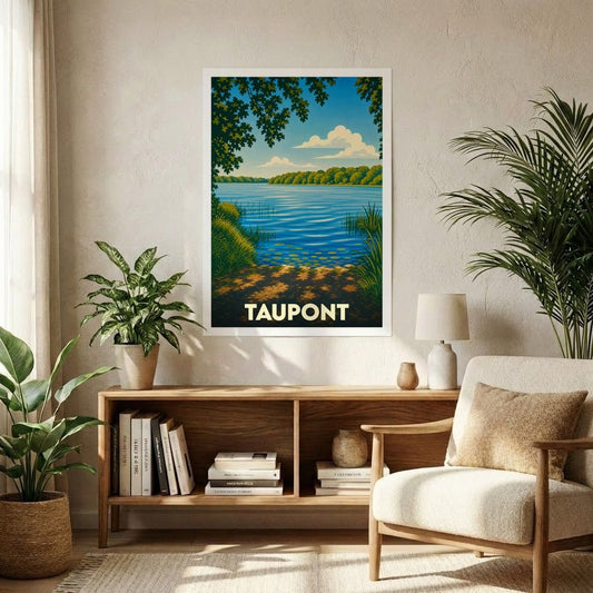 Affiche souvenir de la ville de Taupont avec une illustration stylisée d'un bord de lac.