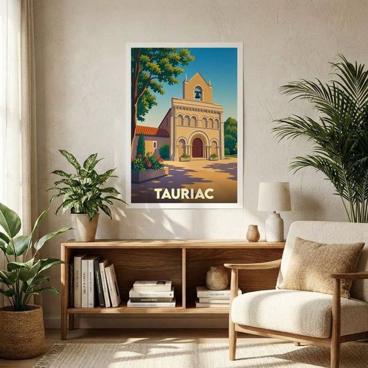Affiche souvenir de la ville de Tauriac présentant une illustration stylisée de son église romane sous un ciel bleu ensoleillé.