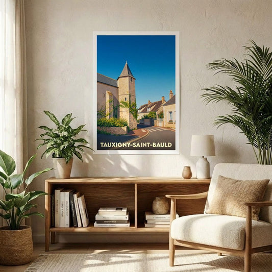 Affiche souvenir de la ville de Tauxigny-Saint-Bauld avec une illustration stylisée d'une rue ensoleillée et de son clocher.