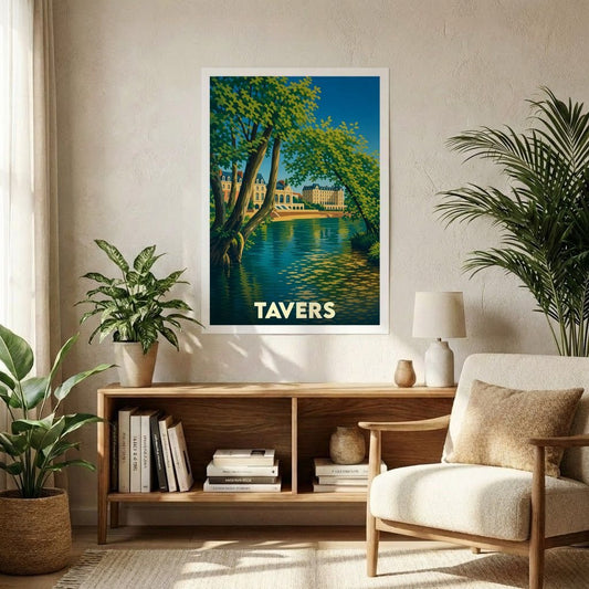 Affiche souvenir de la ville de Tavers avec une illustration stylisée d'un paysage de bord de Loire.