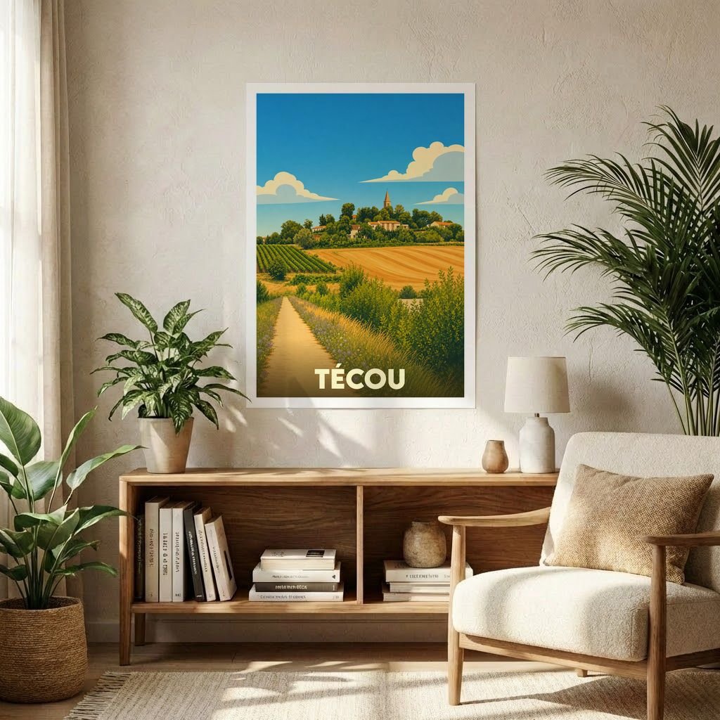 Affiche souvenir de la ville de Técou avec une illustration de paysage rural stylisée.