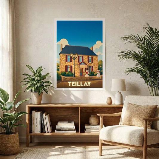 Affiche souvenir de la ville de Teillay représentant une illustration stylisée d'une maison traditionnelle sous un ciel bleu.