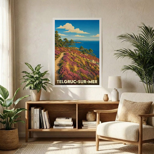 Affiche souvenir de la ville de Telgruc-sur-Mer avec une illustration stylisée d'un sentier côtier fleuri.