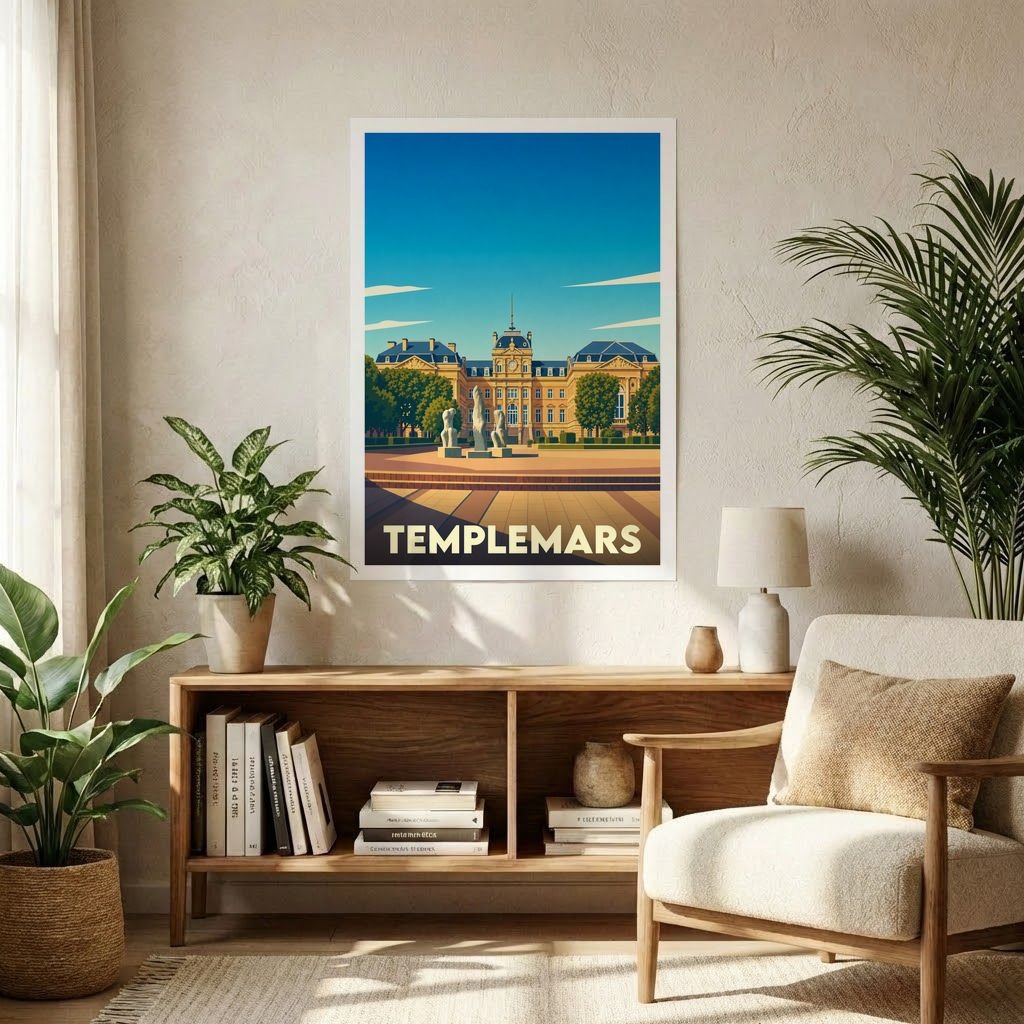 Affiche souvenir de la ville de Templemars présentant une illustration stylisée de son patrimoine architectural.