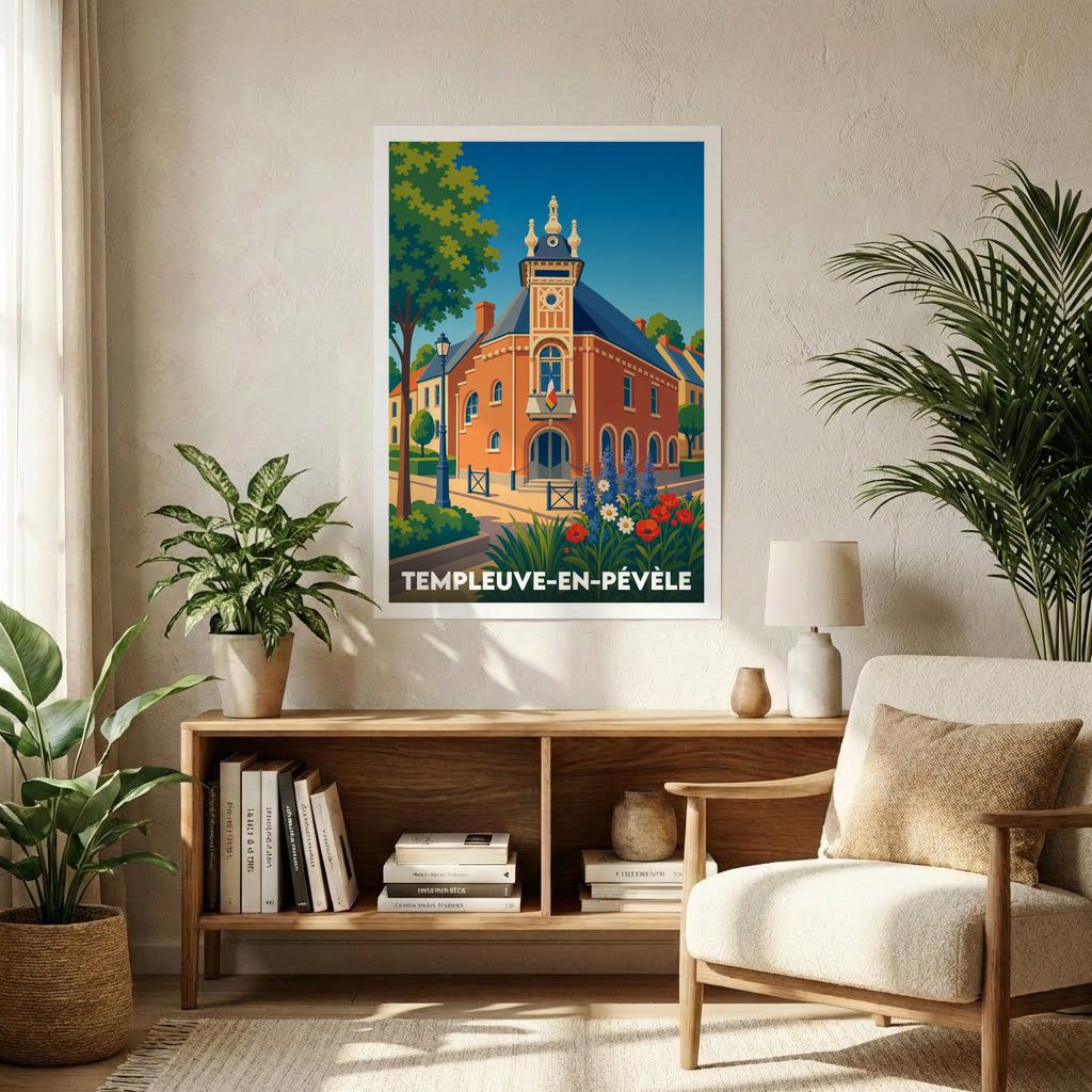 Affiche souvenir de la ville de Templeuve-en-Pévèle avec une illustration stylisée.