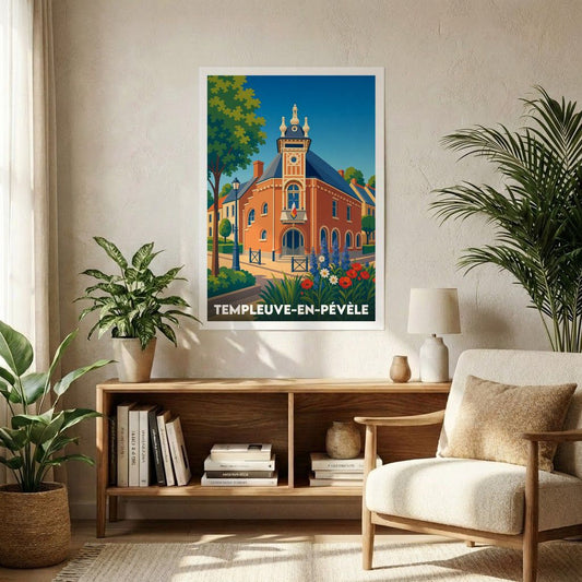 Affiche souvenir de la ville de Templeuve-en-Pévèle avec une illustration stylisée.