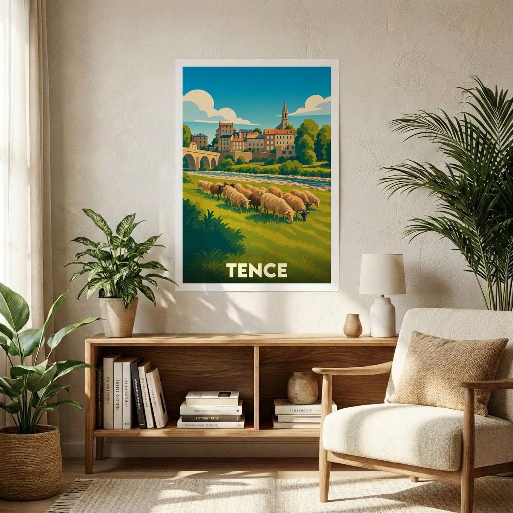 Affiche souvenir de la ville de Tence illustrant un troupeau de moutons devant un village pittoresque.