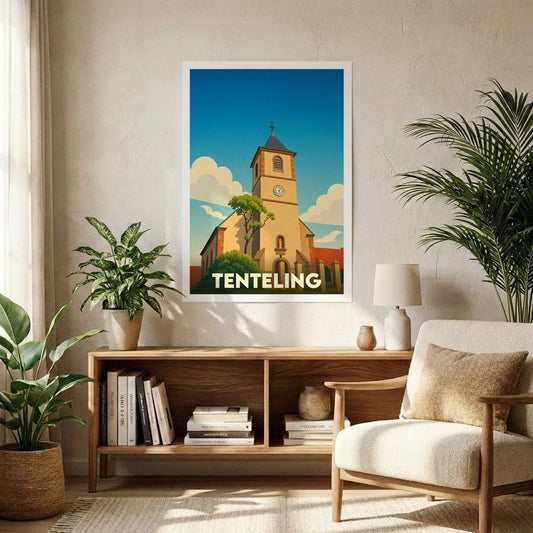 Affiche souvenir de la ville de Tenteling avec une illustration stylisée de son église sous un ciel bleu.