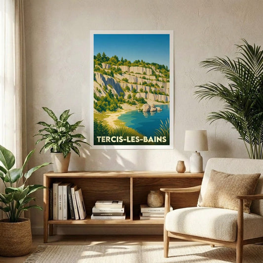 Affiche souvenir de la ville de Tercis-les-Bains avec une illustration stylisée d'un paysage côtier.