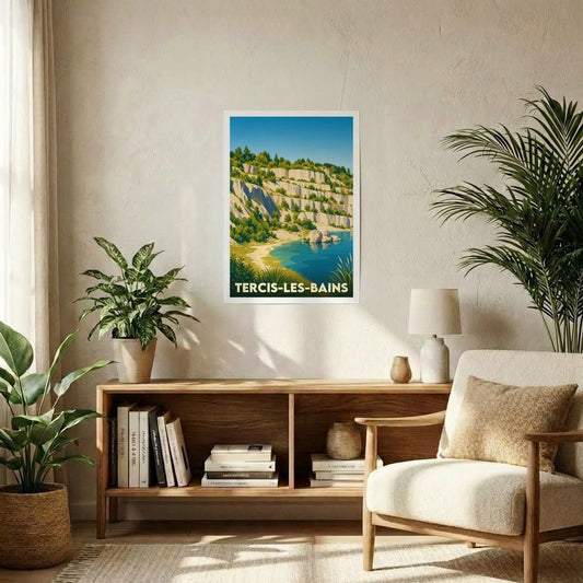 Affiche souvenir de la ville de Tercis-les-Bains avec une illustration stylisée d'un paysage côtier.