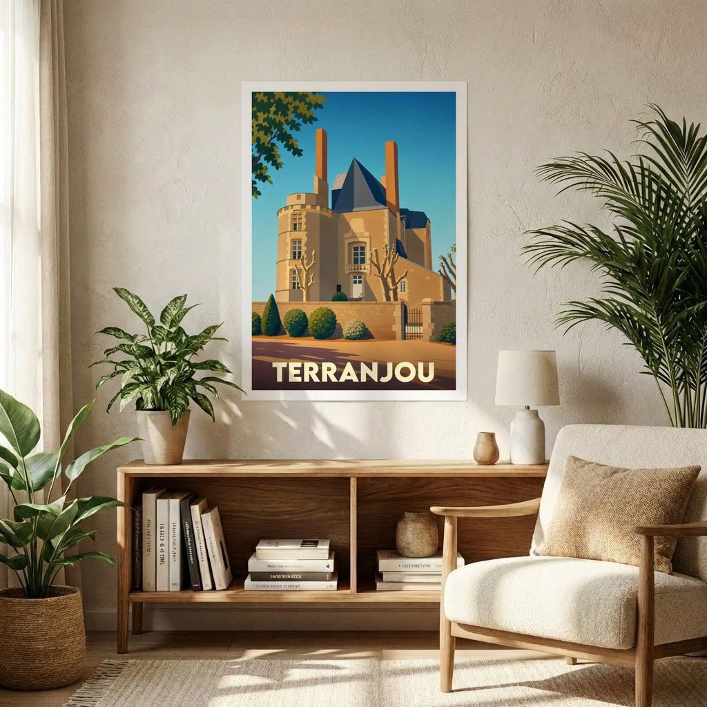 Affiche souvenir de la ville de Terranjou avec une illustration stylisée d'une demeure historique.